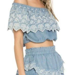 Love Shack Fancy Tori Off the Shoulder Chambray with Embroidery Crop Top Sz M
